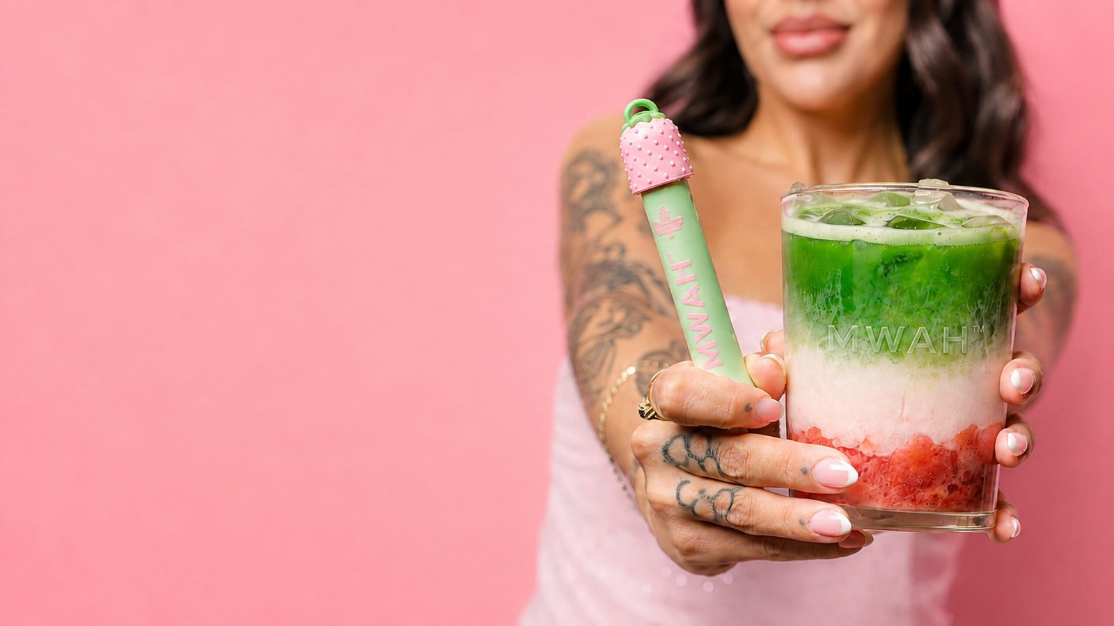 Strawberry Matcha Hero Right — Gimme MWAH lip gloss pen